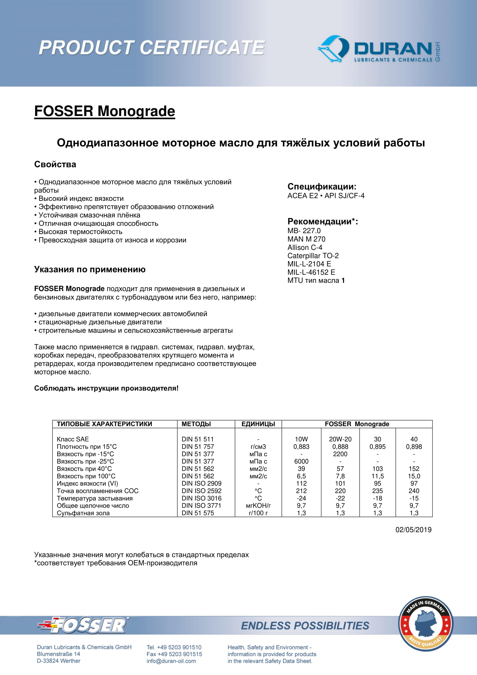 Товарний сертифікат Fosser Monograde