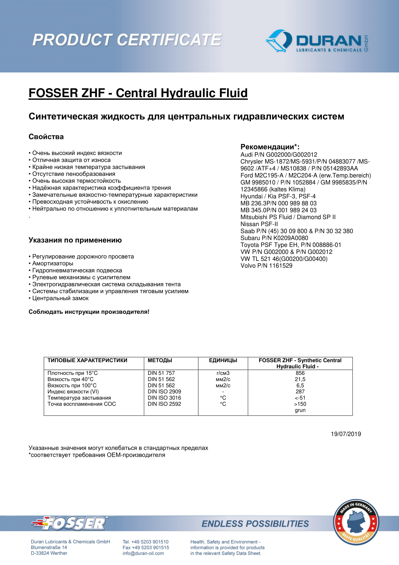 Товарний сертифікат Fosser ZHF